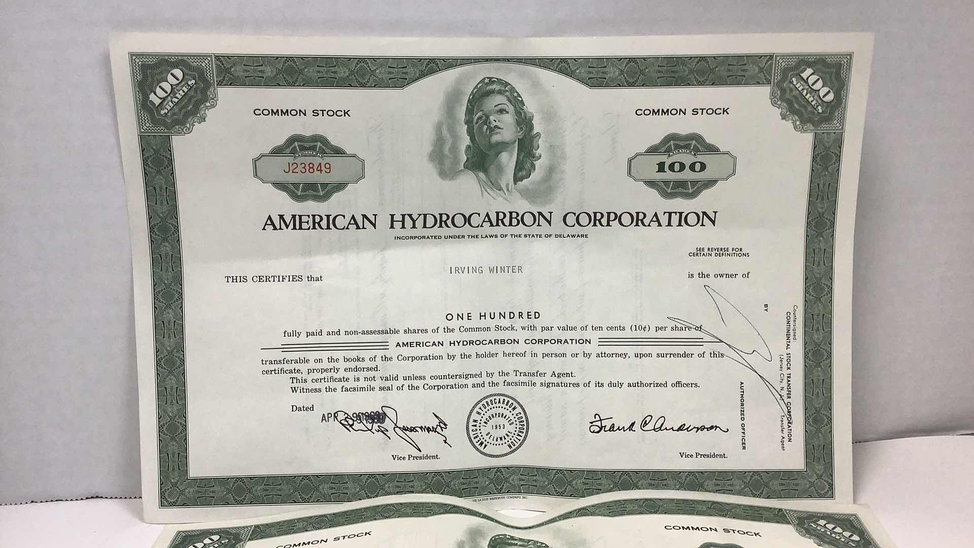 Photo 1 of 5 AMERICAN HYDROCARBON CORPORATION 100 COMMON STOCKS