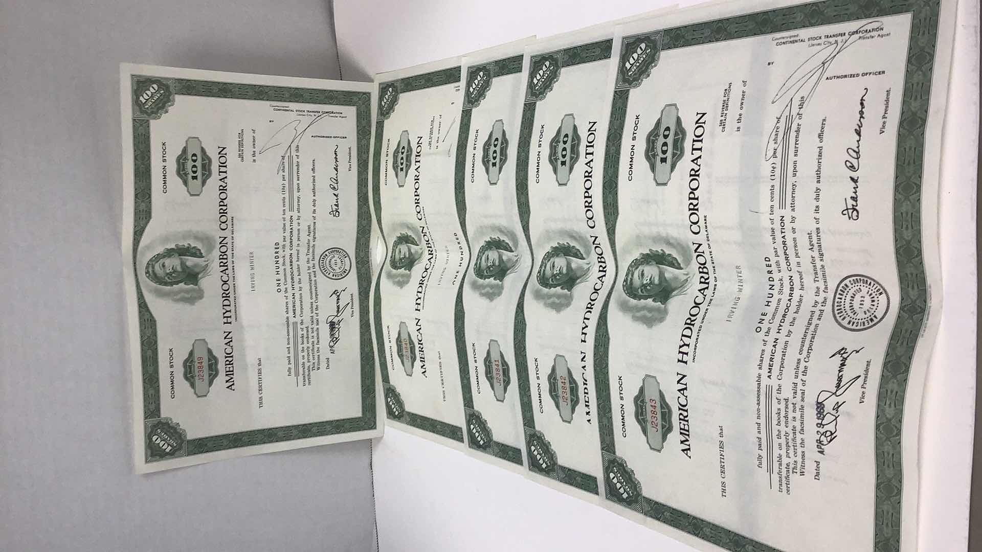 Photo 1 of 5 AMERICAN HYDROCARBON CORPORATION 100 COMMON STOCKS