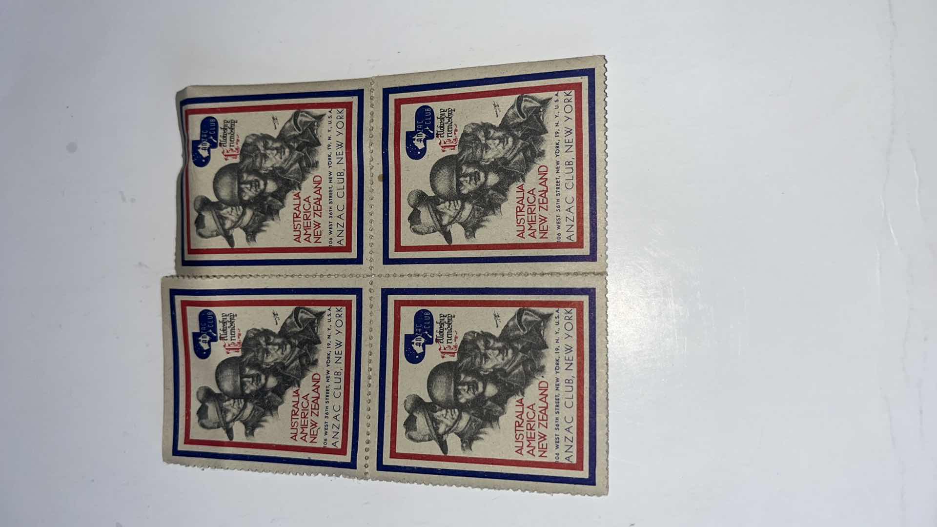 Photo 1 of AUSTRALIA NEW ZEALAND 1916 ANZAC CLUB, NEW YORK BLOCK OF 4