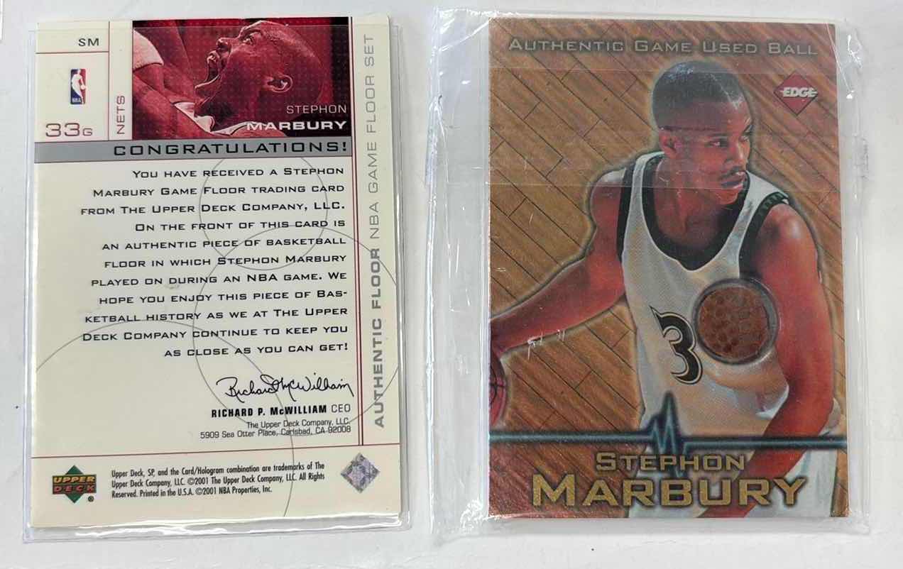 Photo 1 of $30 2000-01 STEPHON MARBURY UPPER DECK SP GAME FLOOR EDITION ALL STAR FLOOR #SM NETS AND 1997 COLLECTORS EDGE GAME BALL #4 BASKETBALL CARDS