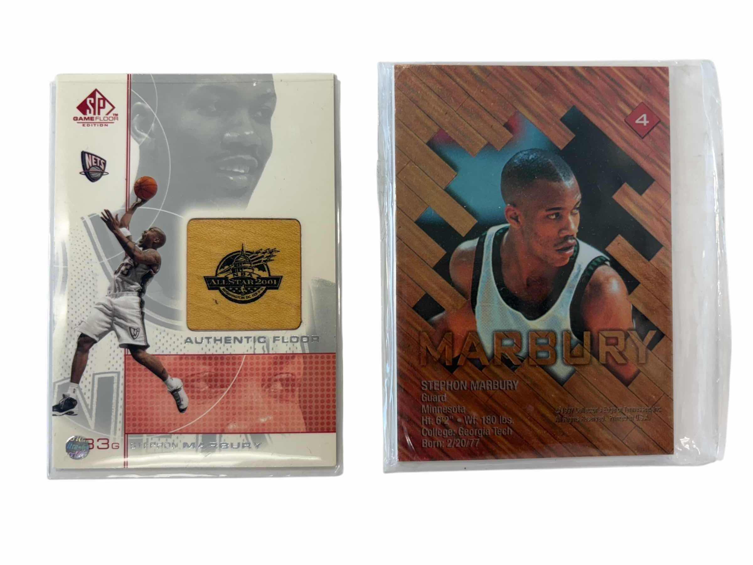 Photo 1 of $30 2000-01 STEPHON MARBURY UPPER DECK SP GAME FLOOR EDITION ALL STAR FLOOR #SM NETS AND 1997 COLLECTORS EDGE GAME BALL #4 BASKETBALL CARDS