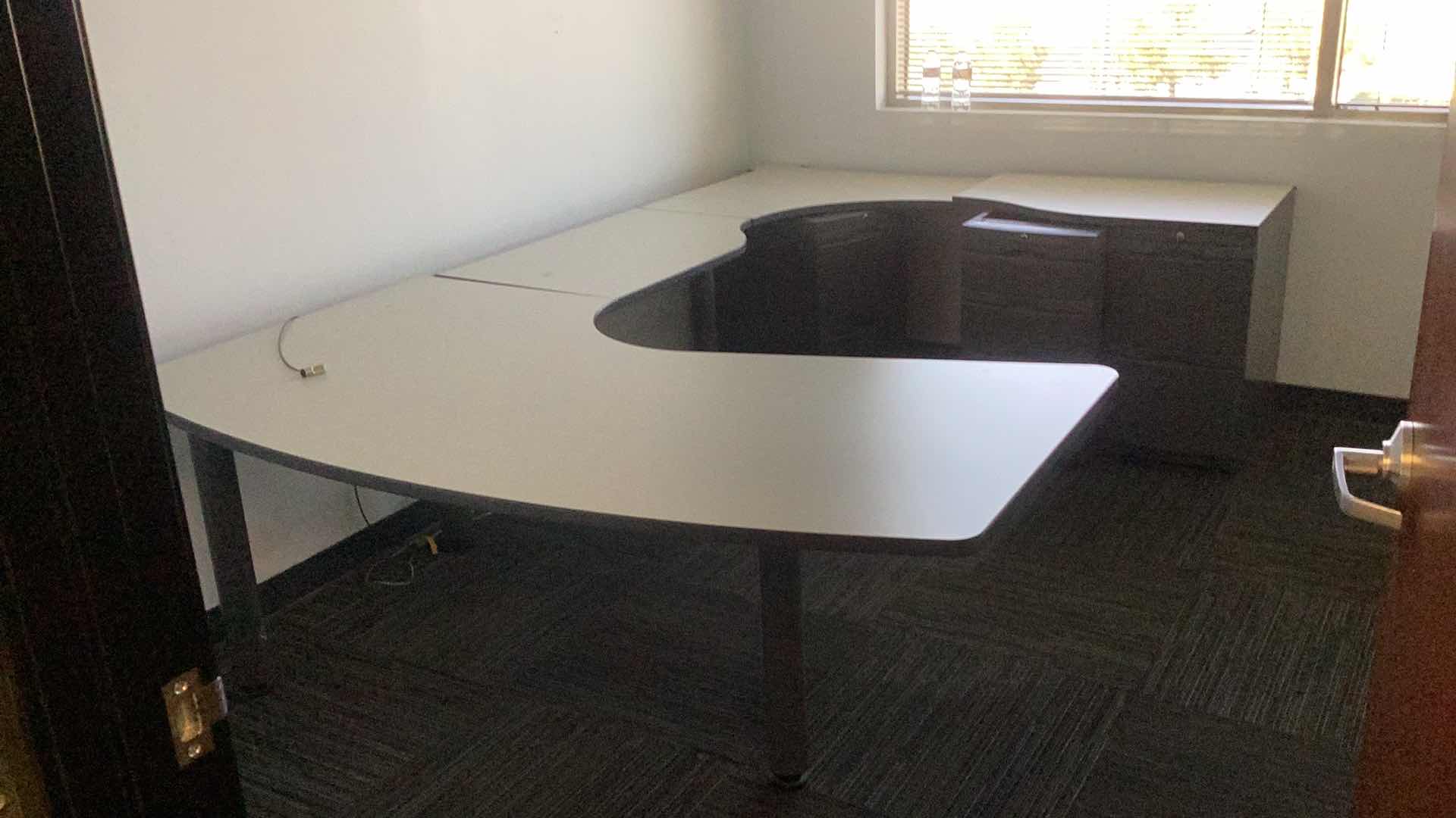 View 1 of LARGE U SHAPE OFFICE TABLE MISSING ONE LEG 72”x112”