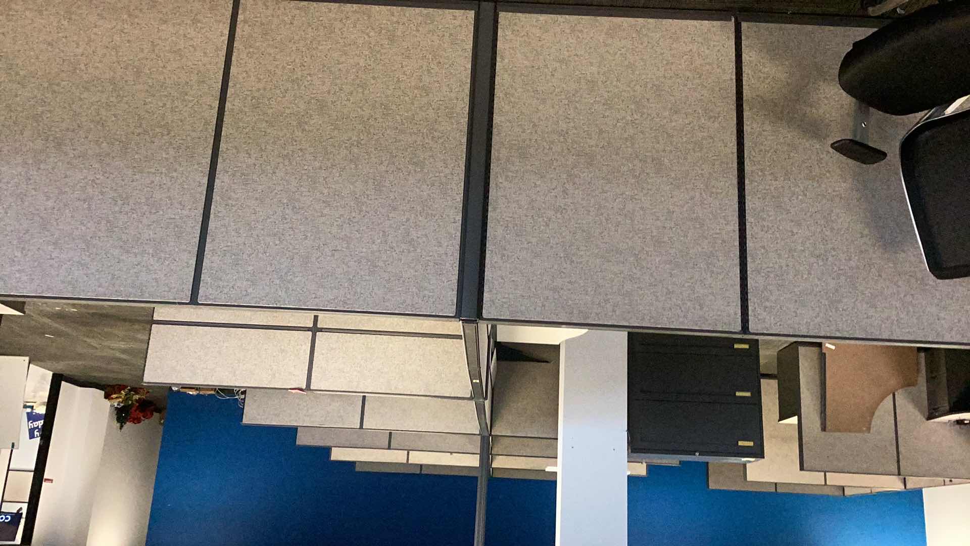 View 4 of 2 PC CUBICLE SET W 5 DRAWER METAL BASE DESKS 2 CUBICLES 76” X 76” H 50”