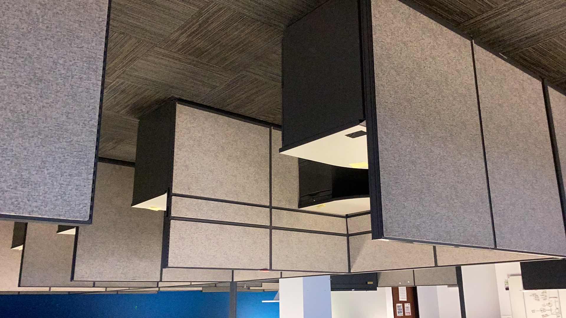View 1 of 2 PC CUBICLE SET W 5 DRAWER METAL BASE DESKS 2 CUBICLES 76” X 76” H 50”