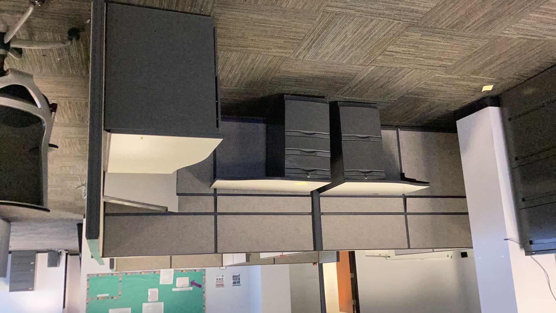 View 3 of 2 PC CUBICLE SET W 5 DRAWER METAL BASE DESKS 2 CUBICLES 76” X 76” H 50”