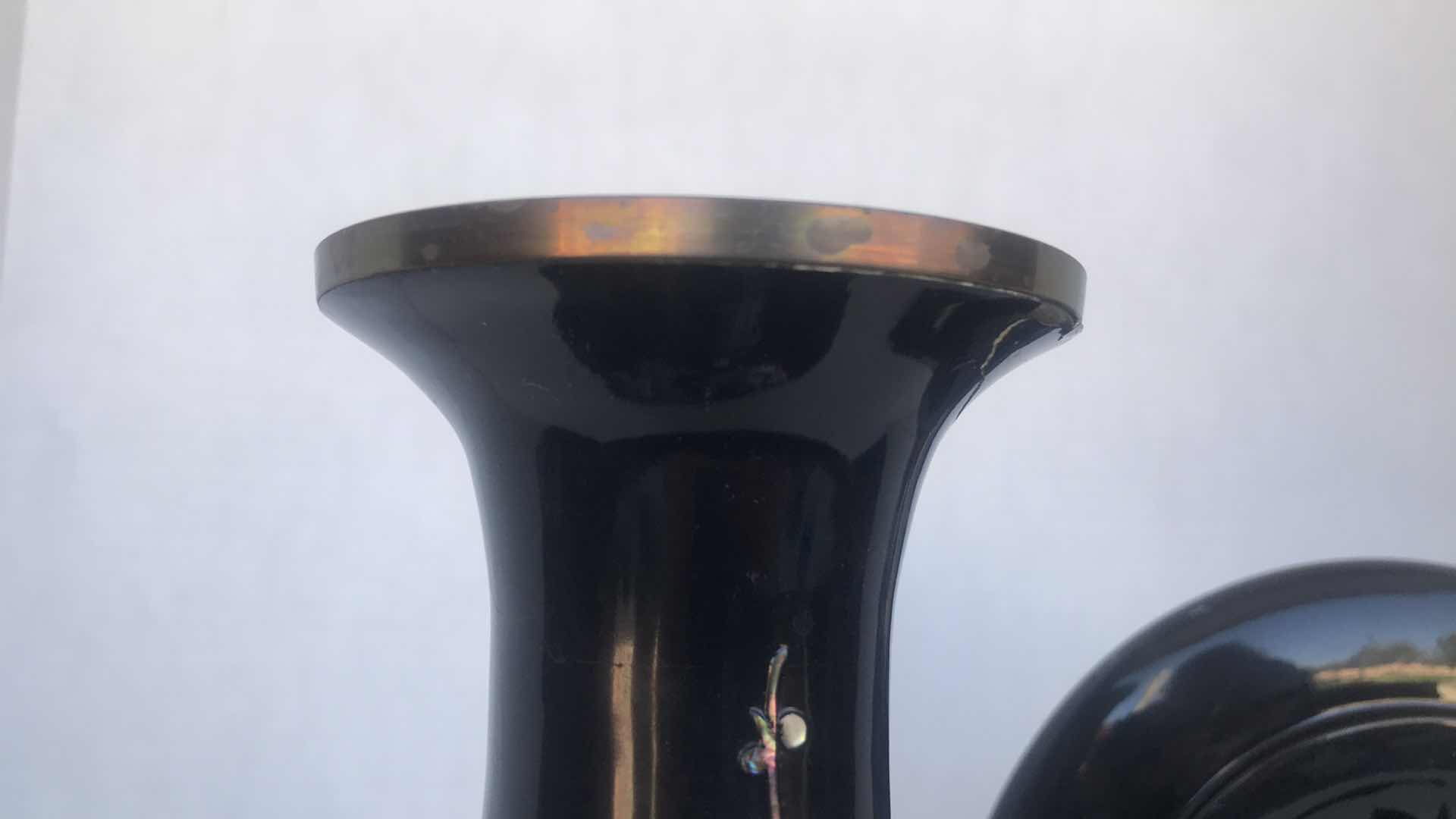 Photo 1 of MOTHER OF PEARL INLAY, VASE AND PLATE SET, BRASS TRIM, PLASTIC, 10” TALL VASE
