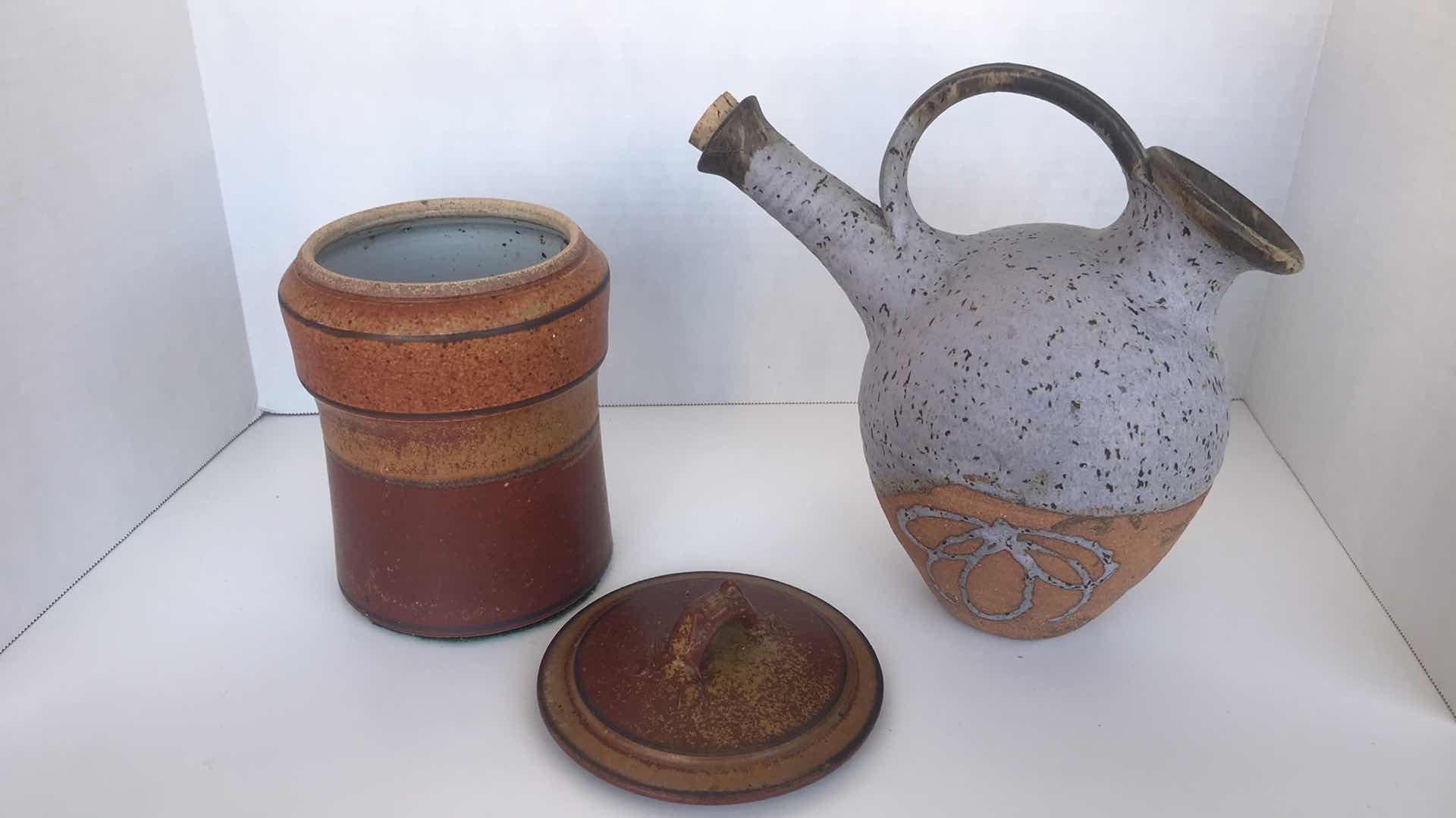 Photo 1 of CERAMIC JAR WITH LID 8”; VINTAGE STUDIO POTTERY VESSEL PITCHER WITH CORK STOPPER 9 1/2”