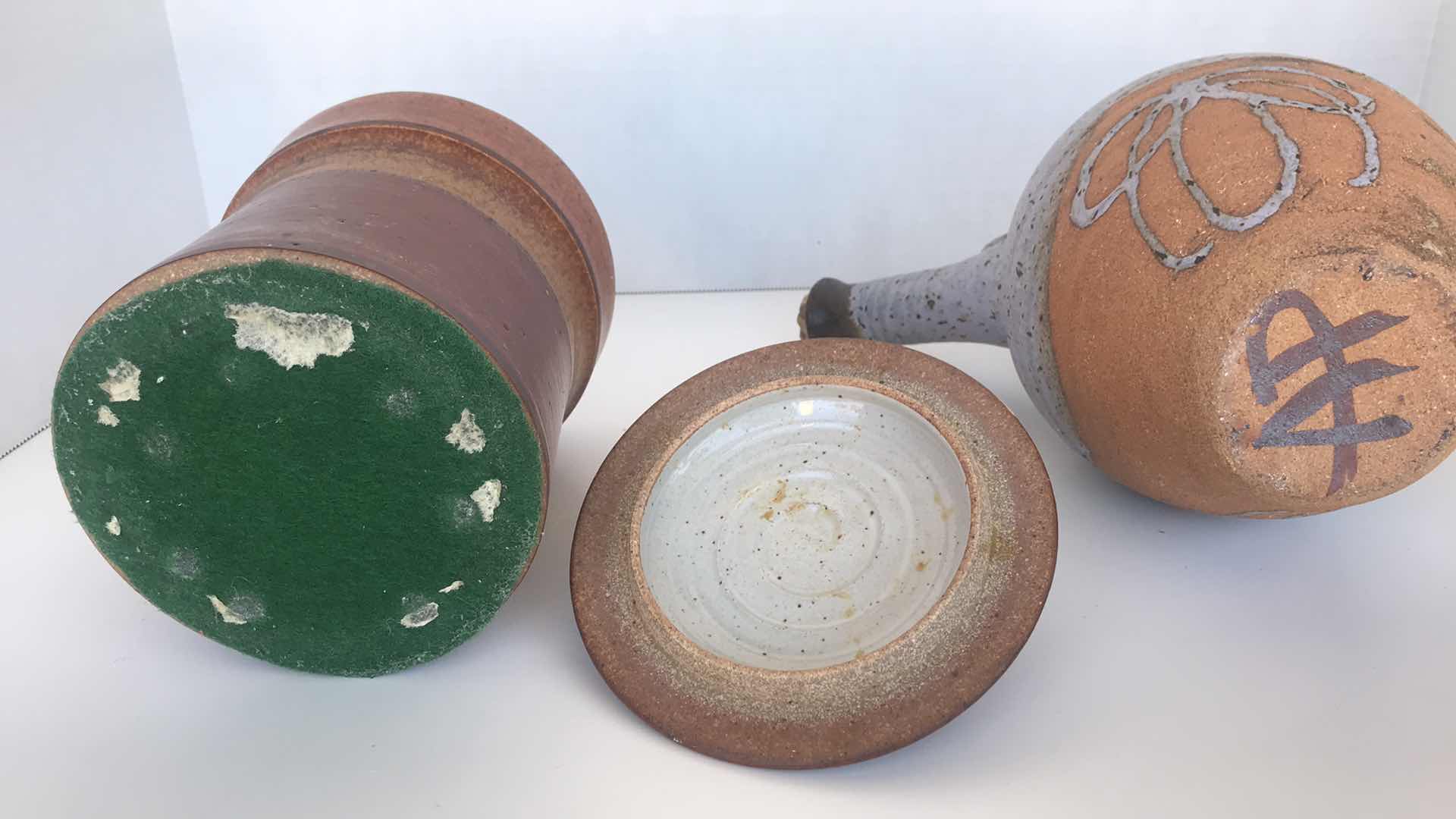 Photo 1 of CERAMIC JAR WITH LID 8”; VINTAGE STUDIO POTTERY VESSEL PITCHER WITH CORK STOPPER 9 1/2”