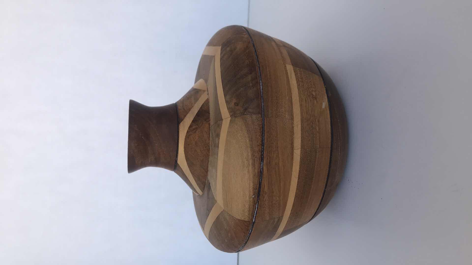Photo 1 of HANDCRAFTED WOOD MOSAIC VASE, 6”TALL, 7” WIDE