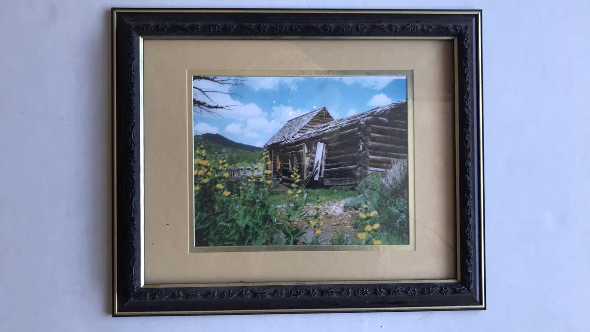 Photo 1 of FRAMED JEAN HALVERSON PRINT, 20” W x 17”H ; AND FRAMED PHOTO OF LOG CABIN, 16 1/2” W x 13 1/2”H