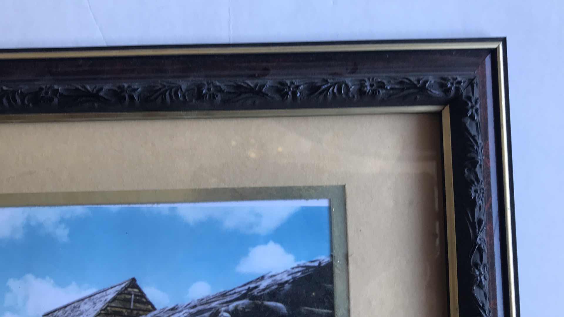 Photo 1 of FRAMED JEAN HALVERSON PRINT, 20” W x 17”H ; AND FRAMED PHOTO OF LOG CABIN, 16 1/2” W x 13 1/2”H