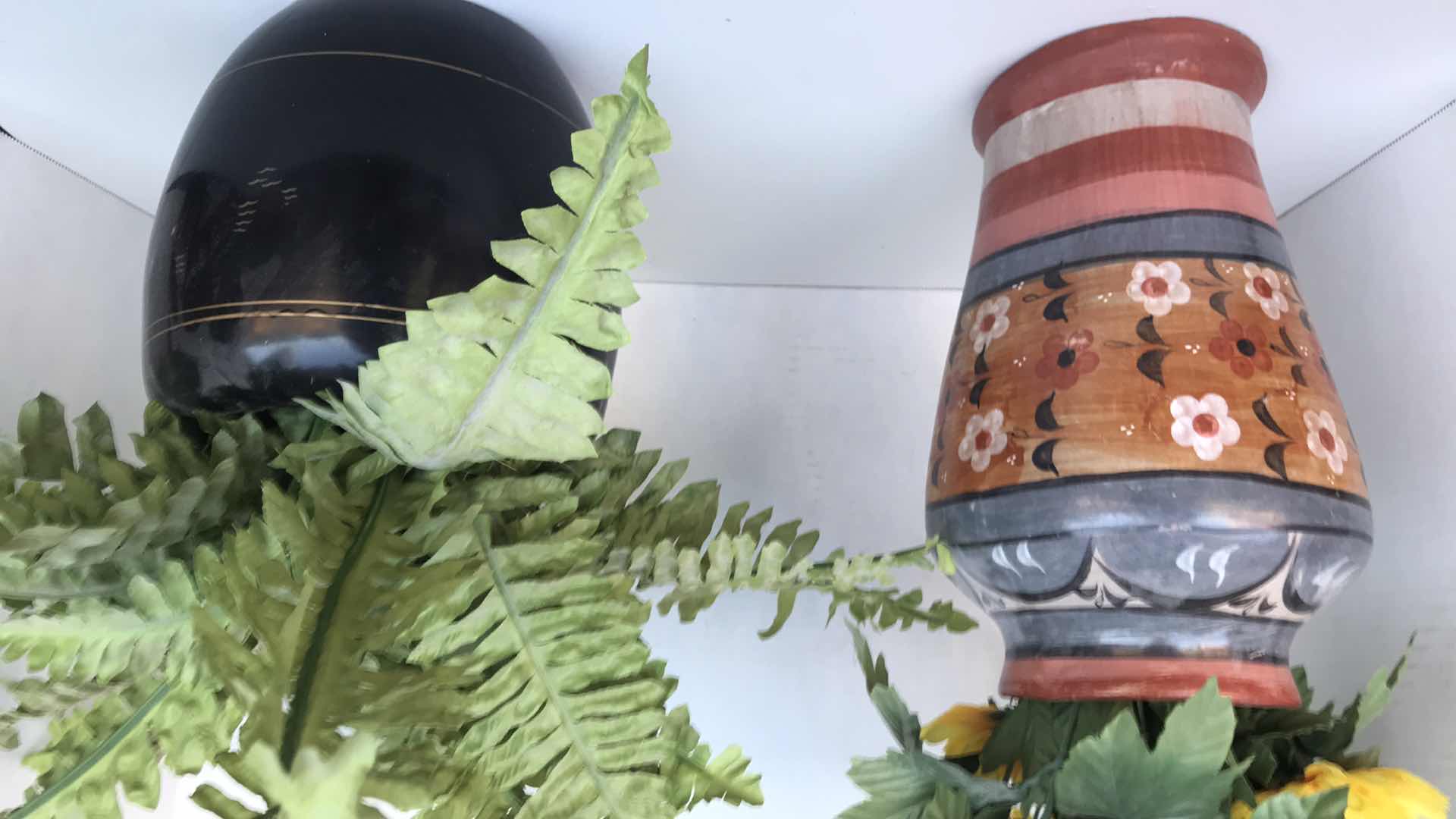 Photo 1 of 2 CERAMIC VASES WITH ARTIFICIAL PLANTS, UP TO 17” TALL WITH PLANTS