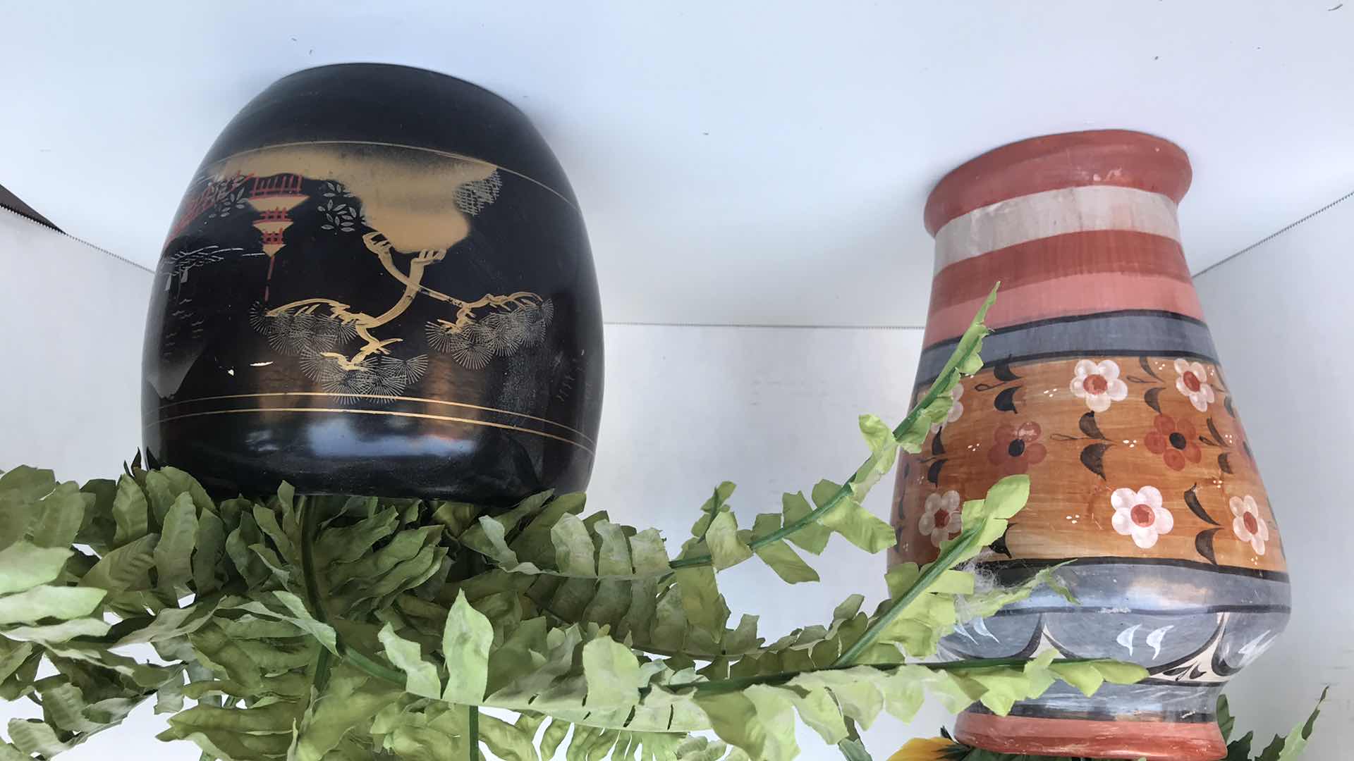 Photo 1 of 2 CERAMIC VASES WITH ARTIFICIAL PLANTS, UP TO 17” TALL WITH PLANTS