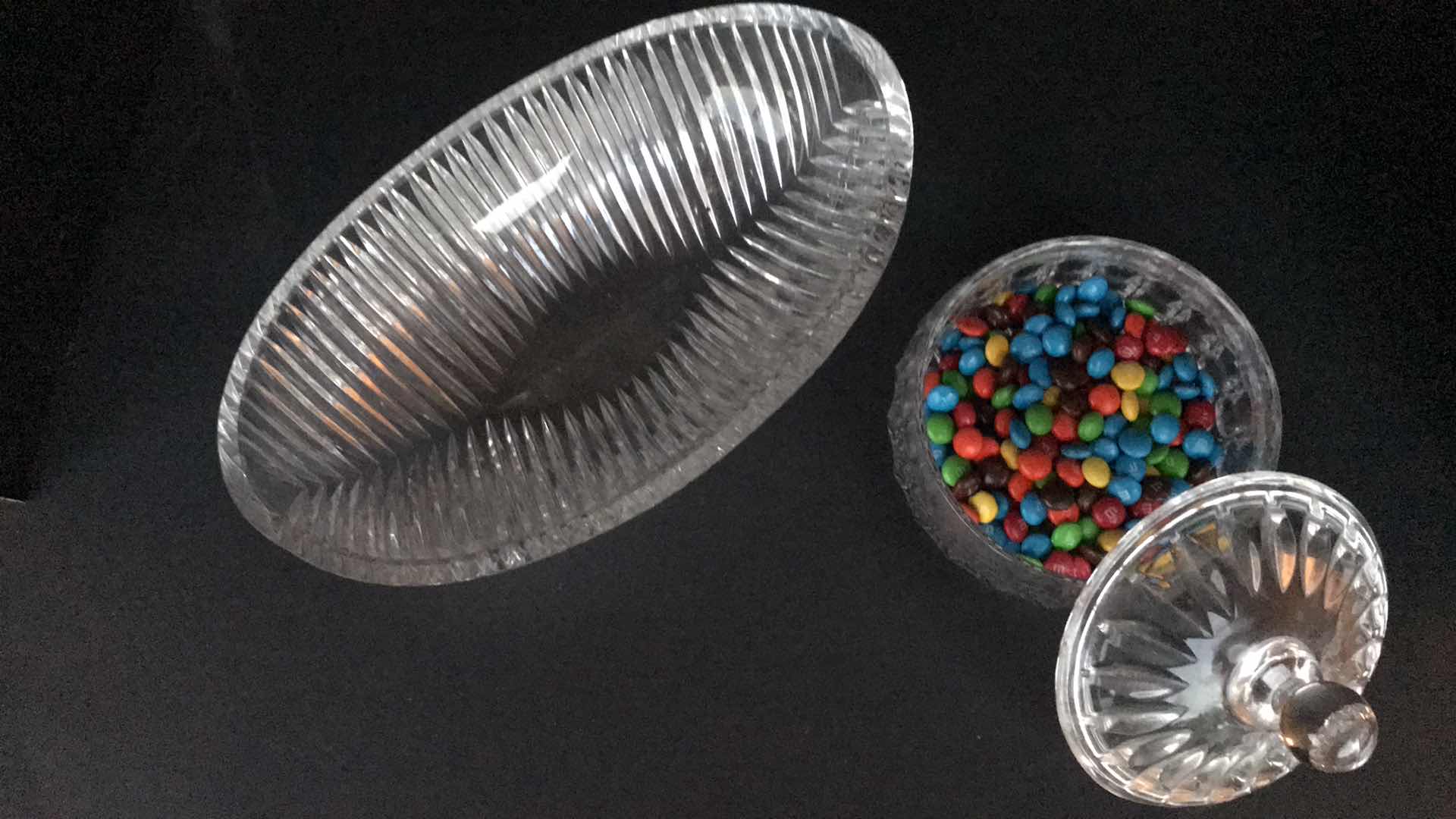 Photo 1 of CRYSTAL CANDY DISH WITH LID, AND CRYSTAL SERVING BOAT 12” LONG