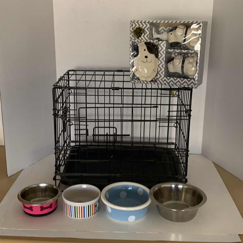 Photo 1 of DOG CAGE 17” X 12” H 14”, BOWLS AND A BATHROOM SET