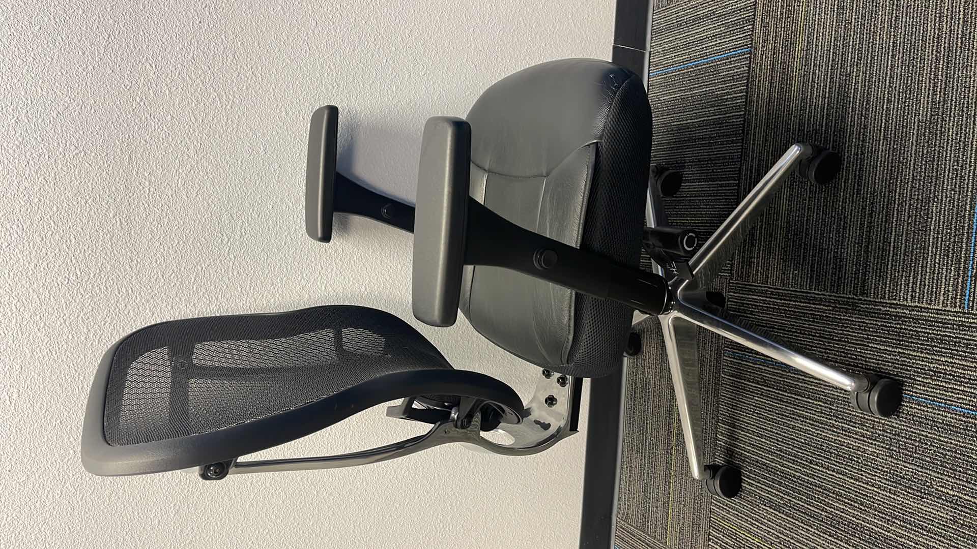 Photo 1 of COMMERCIAL MEDAL BASE ROLLING OFFICE CHAIR W LEATHER SEAT & LUMBAR SUPPORT