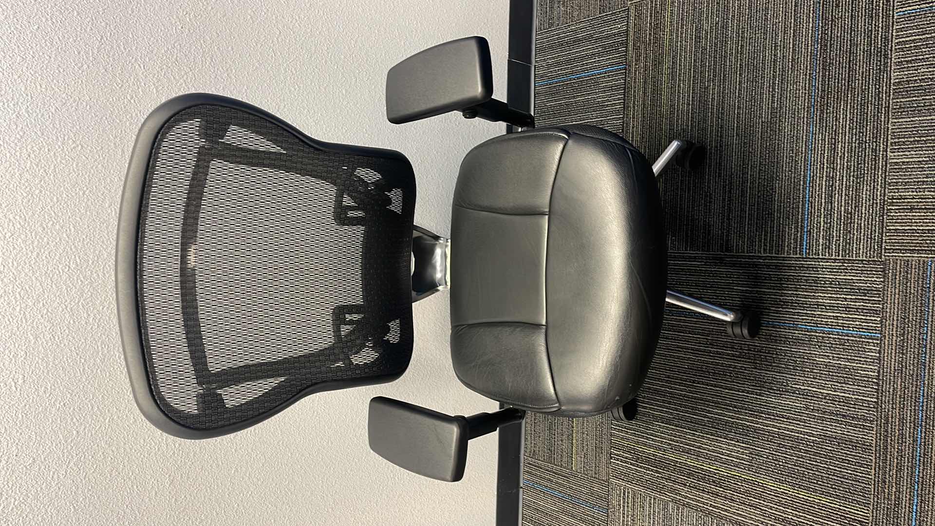 Photo 1 of COMMERCIAL MEDAL BASE ROLLING OFFICE CHAIR W LEATHER SEAT & LUMBAR SUPPORT