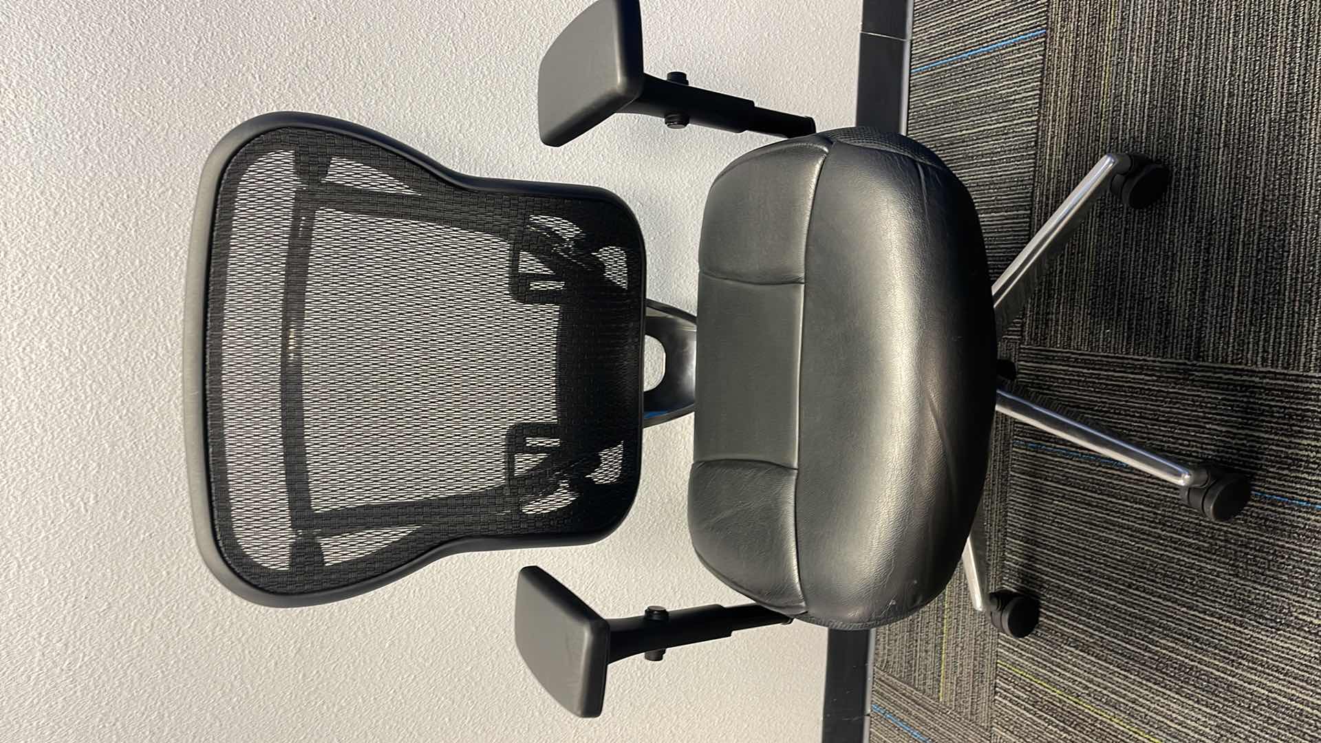 Photo 1 of COMMERCIAL MEDAL BASE ROLLING OFFICE CHAIR W LEATHER SEAT & LUMBAR SUPPORT