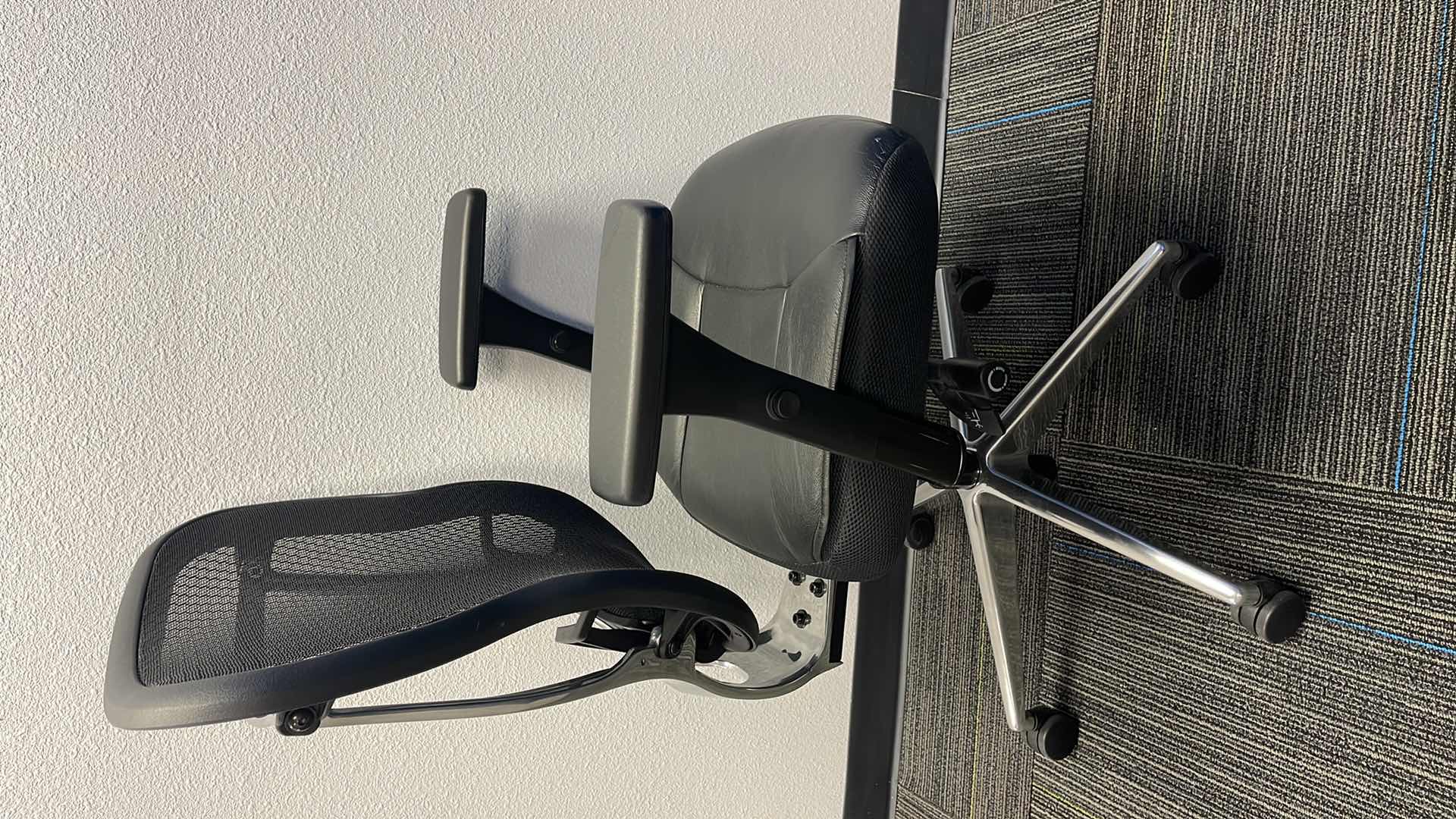 Photo 1 of COMMERCIAL MEDAL BASE ROLLING OFFICE CHAIR W LEATHER SEAT & LUMBAR SUPPORT