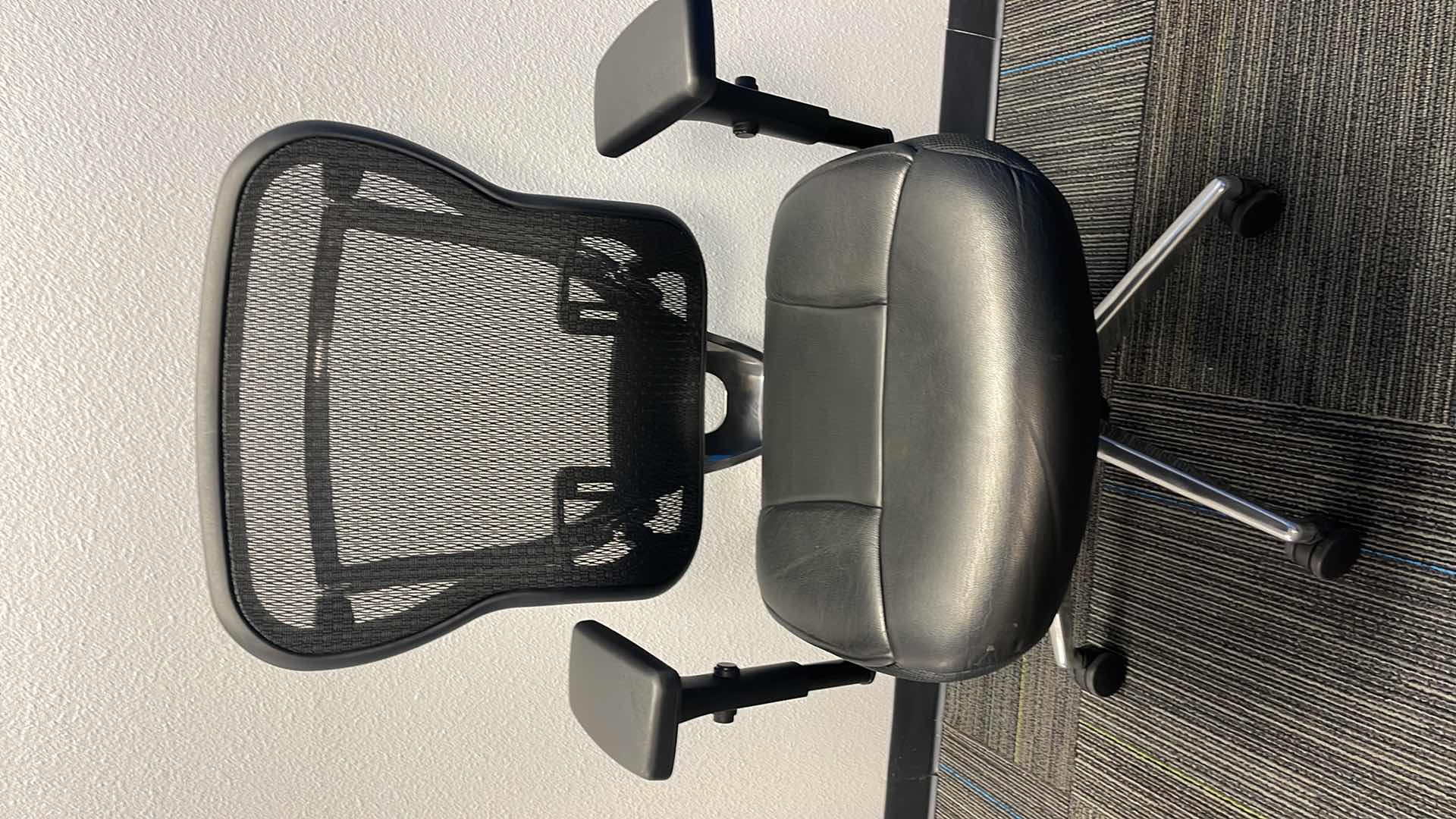 Photo 1 of COMMERCIAL MEDAL BASE ROLLING OFFICE CHAIR W LEATHER SEAT & LUMBAR SUPPORT