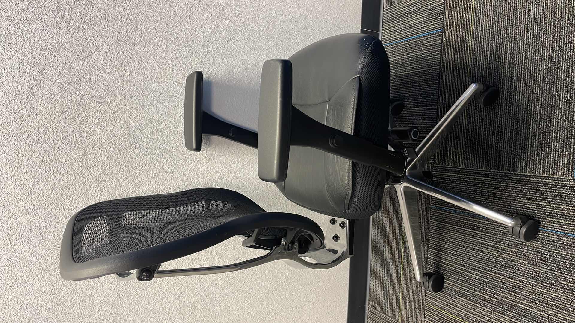 Photo 2 of COMMERCIAL MEDAL BASE ROLLING OFFICE CHAIR W LEATHER SEAT & LUMBAR SUPPORT