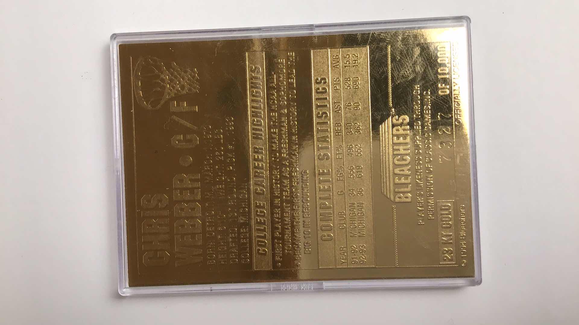 Photo 1 of  CHRIS WEBBER 1ST DRAFT PICK 23K GOLD BLEACHERS CARD 7327 OF 10000*