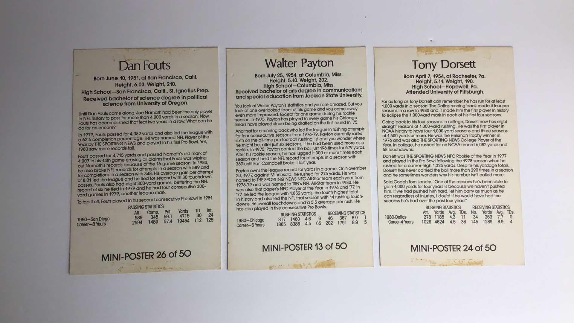 Photo 1 of  LOT OF 5-980S NFL MINI POSTER CARDS TERRY BRADSHAW, DAN FOUTS, WALTER PAYTON, TONY DORSETT, EARL CAMPBELL*
