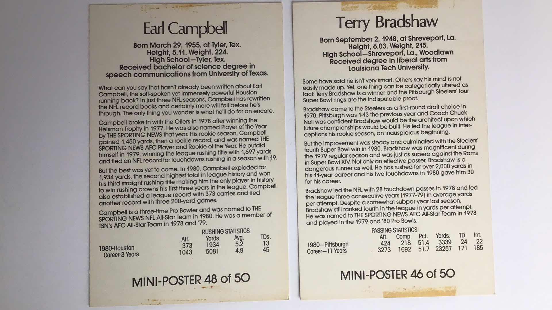 Photo 1 of  LOT OF 5-980S NFL MINI POSTER CARDS TERRY BRADSHAW, DAN FOUTS, WALTER PAYTON, TONY DORSETT, EARL CAMPBELL*