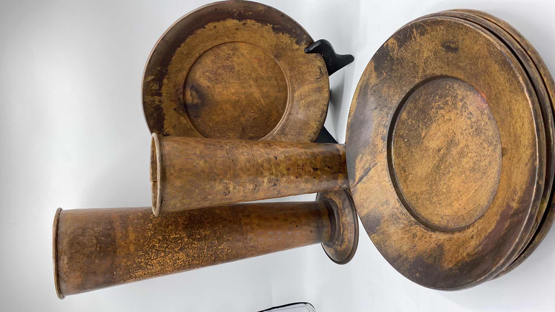 Photo 1 of 4-METAL WALL PLATES 11” AND 2 VASES TALLEST 15”