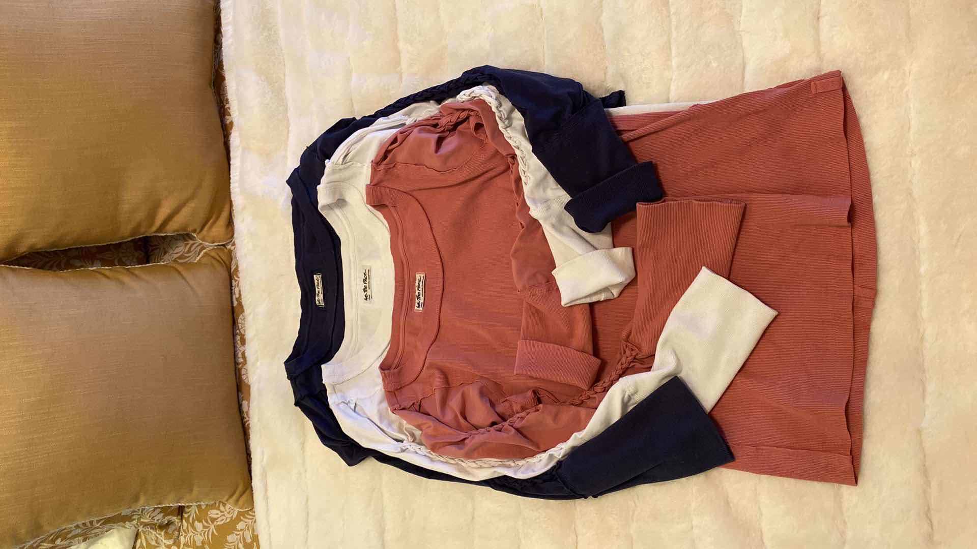 Photo 2 of 3-WOMENS SIZE LARGE FREE PEOPLE BRAIDED SLEEVE SHIRTS MAUVE, WHITE & NAVY ORIGINAL $68 EACH