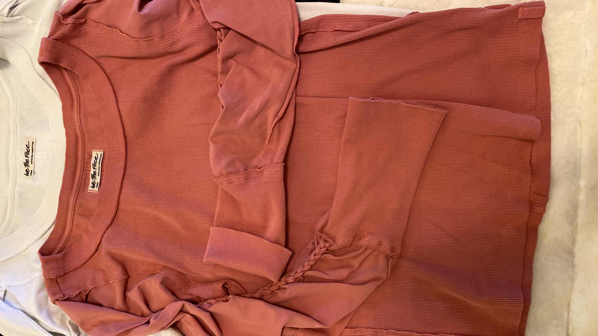 Photo 1 of 3-WOMENS SIZE LARGE FREE PEOPLE BRAIDED SLEEVE SHIRTS MAUVE, WHITE & NAVY ORIGINAL $68 EACH