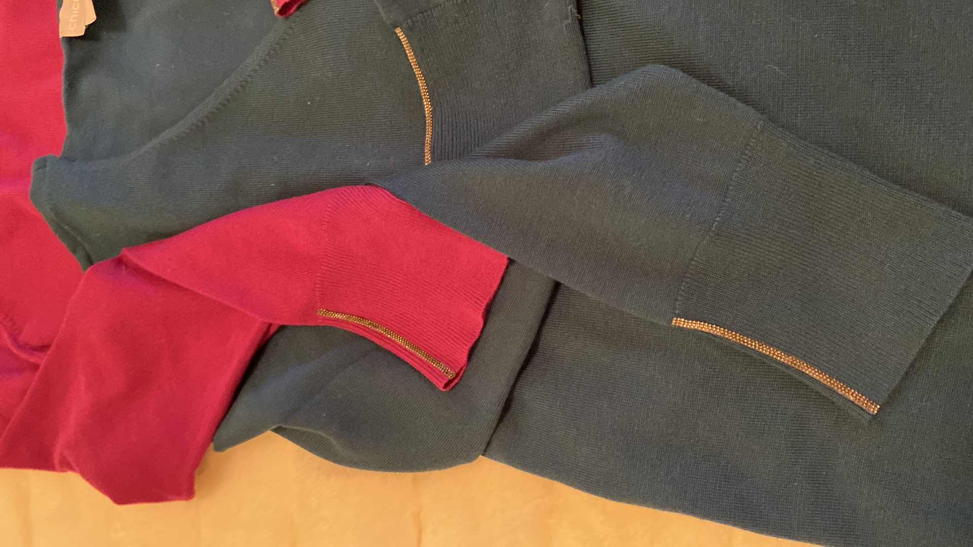 Photo 6 of WOMENS SIZE 10 VIRTUE CUFFED BLACK DESS PANTS, XL (FITS LIKE LARGE)CHRISTINA V BLACK TUNIC & 2 SIZE O CHICOS V NECK SLEEVE EMBELLISHED SWEATERS MAGENTA AND EMERALD GREEN