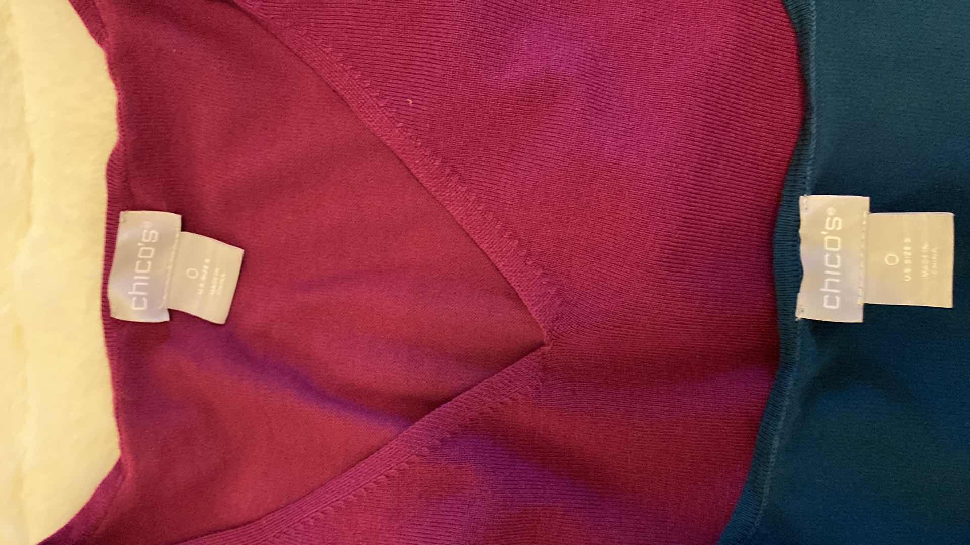 Photo 5 of WOMENS SIZE 10 VIRTUE CUFFED BLACK DESS PANTS, XL (FITS LIKE LARGE)CHRISTINA V BLACK TUNIC & 2 SIZE O CHICOS V NECK SLEEVE EMBELLISHED SWEATERS MAGENTA AND EMERALD GREEN