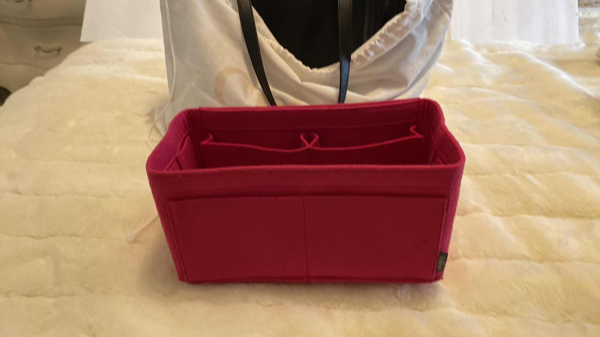 Photo 13 of AUTHENTIC CHLOE SINGLE SIZE MILO BLACK LEATHER & SUEDE TOTE - LIKE NEW- FINAL SALE - NOT RETURNABLE 13” X 7” H 11” NOT INCLUDING HANDLES, INCLUDES PELKIN PINK FELT ORGANIZER