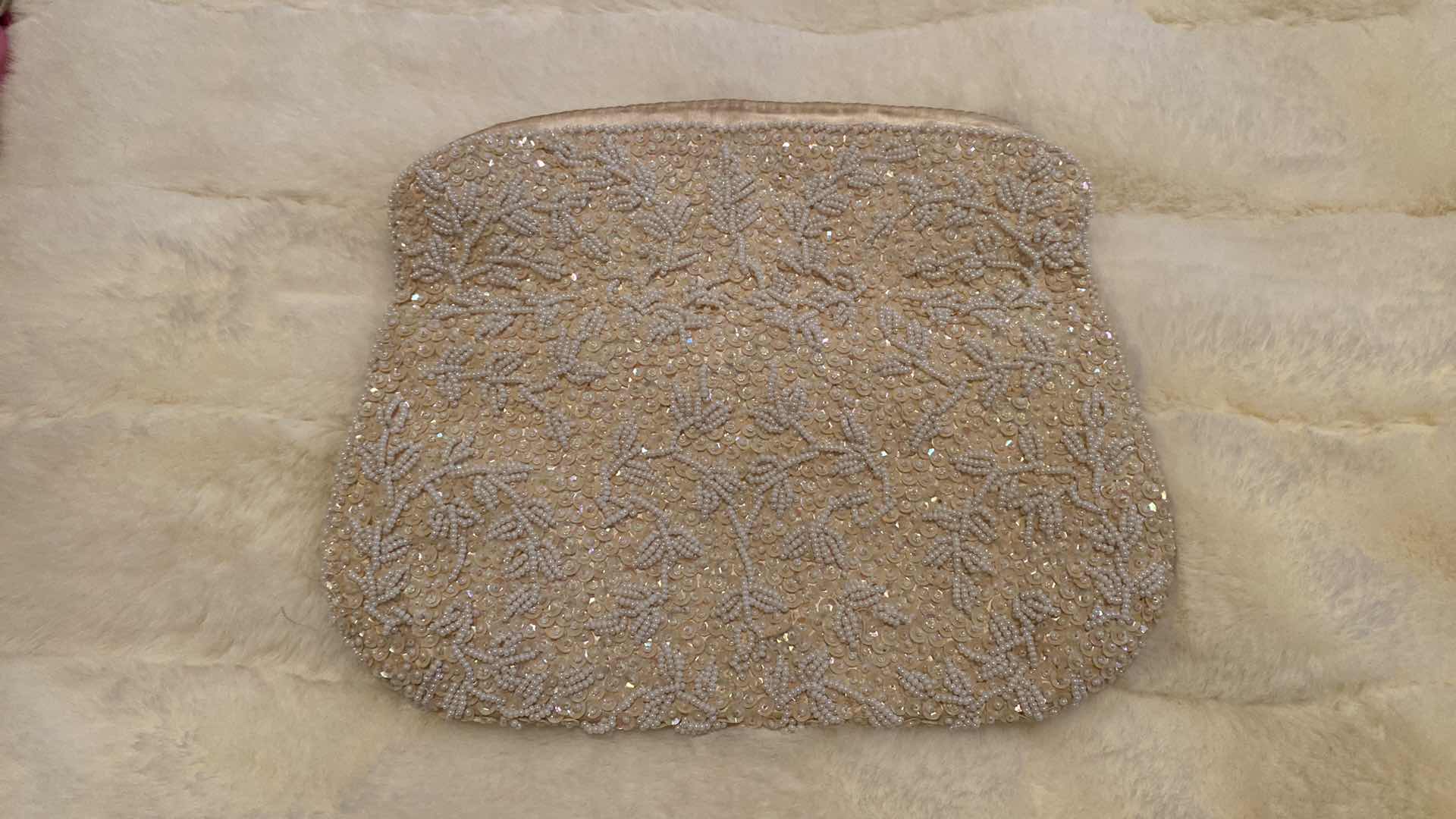 Photo 1 of VINTAGE 1940’s SEQUIN AND BEADED CLUTCH 9 1/4” X 5 1/2” AND PEARLS NECKLACE (NECKLACE NEEDS RESTRINGING)