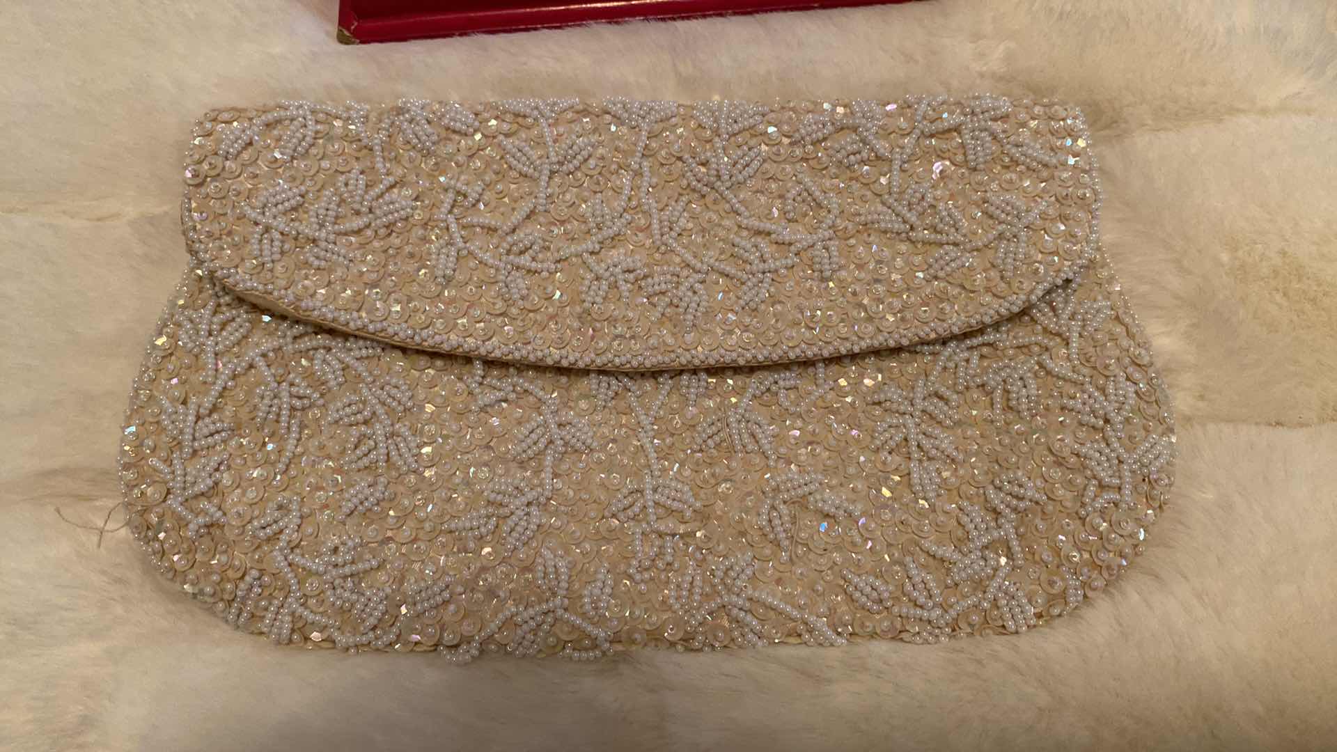 Photo 2 of VINTAGE 1940’s SEQUIN AND BEADED CLUTCH 9 1/4” X 5 1/2” AND PEARLS NECKLACE (NECKLACE NEEDS RESTRINGING)