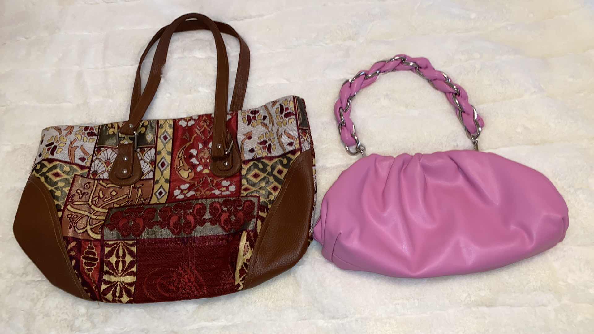 View 1 of 2 HANDBAGS TOTE 17.5” X 11 3/4”, INC PINK BAG 12” X 7”