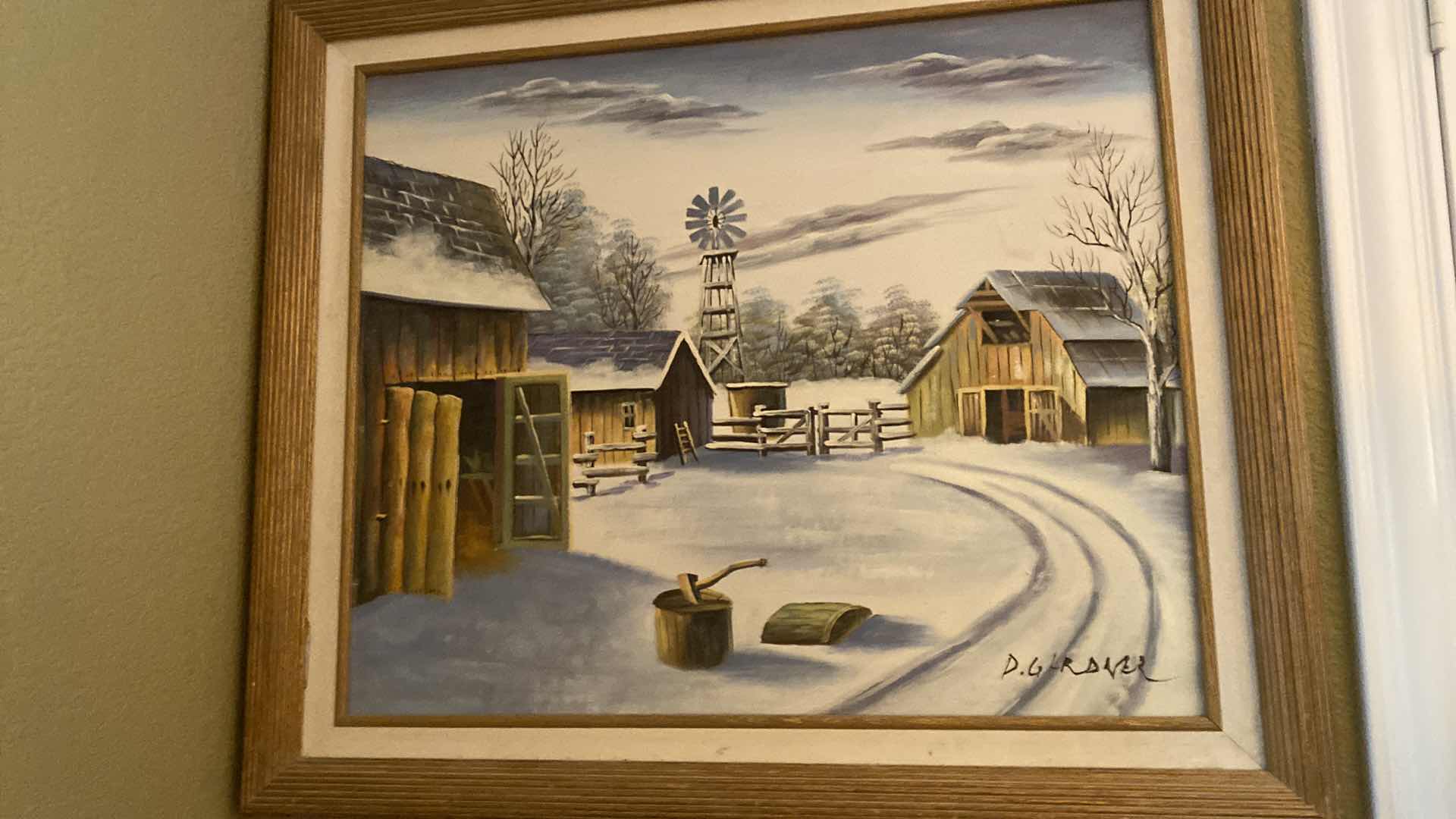 Photo 2 of  WOOD FRAMED D. GARDNER CANVAS “SNOW FARM” SIGNED ARTWORK 29” x 25”