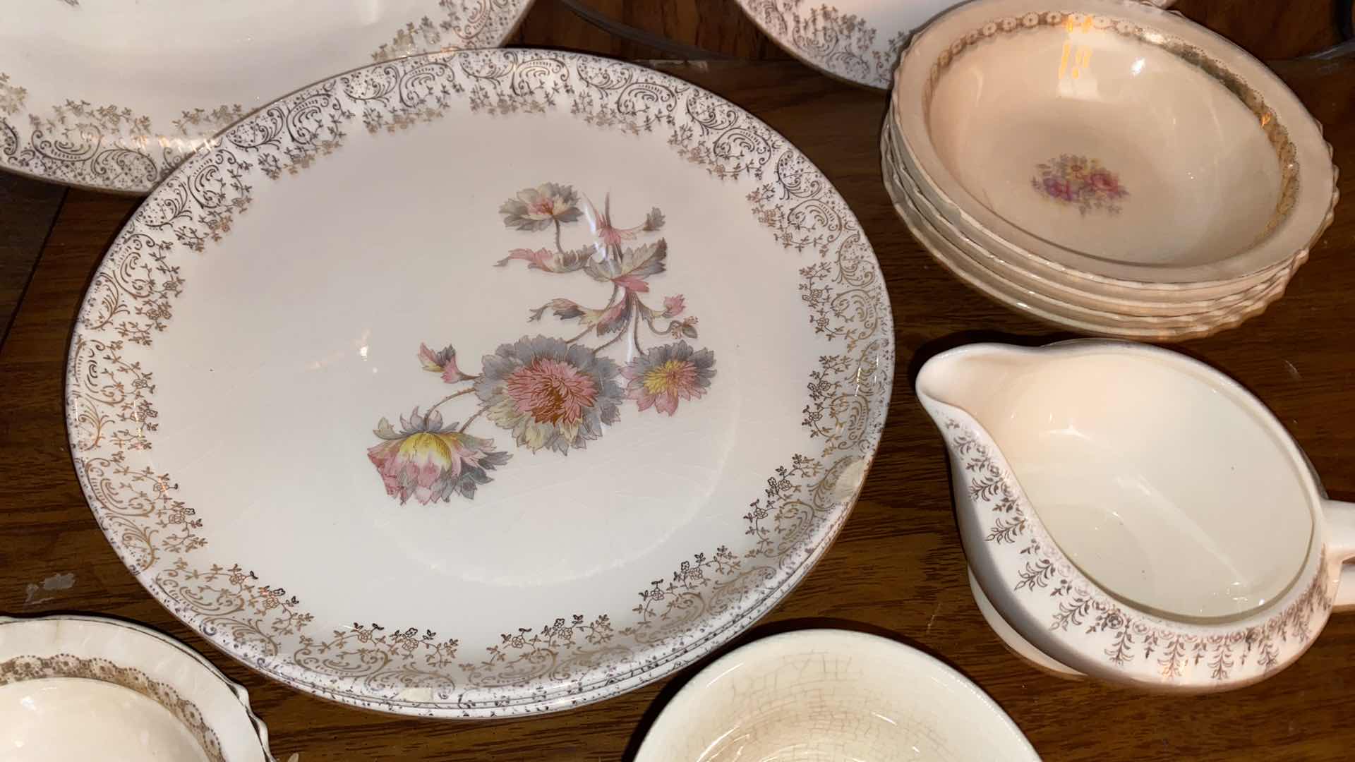 Photo 1 of 13 PCS-VINTAGE FSX168 GOLD FLOWERS ON EDGE W. FLORAL CENTER CHINA BY THE FRENCH SAXON CHINA CO.