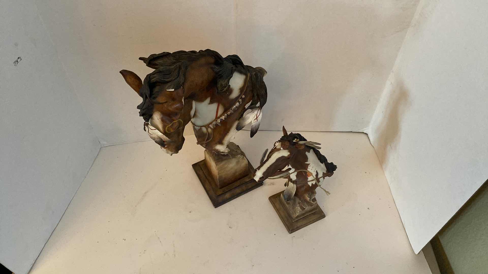 Photo 1 of 2-SUNKA WAKAN WAR PONY HORSE HAND PAINTED SCULPTURES (TALLEST FIGURE H14”)