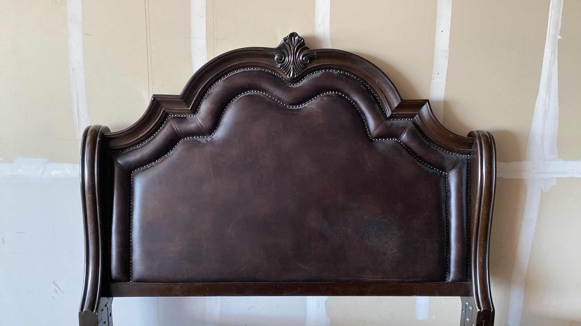 Photo 1 of CAL KING/KING TRADITIONAL WOOD AND LEATHER BED FRAME WITH ACANTHUS LEAF DESIGN BY CROWN MARK 84” X 100” H 78”