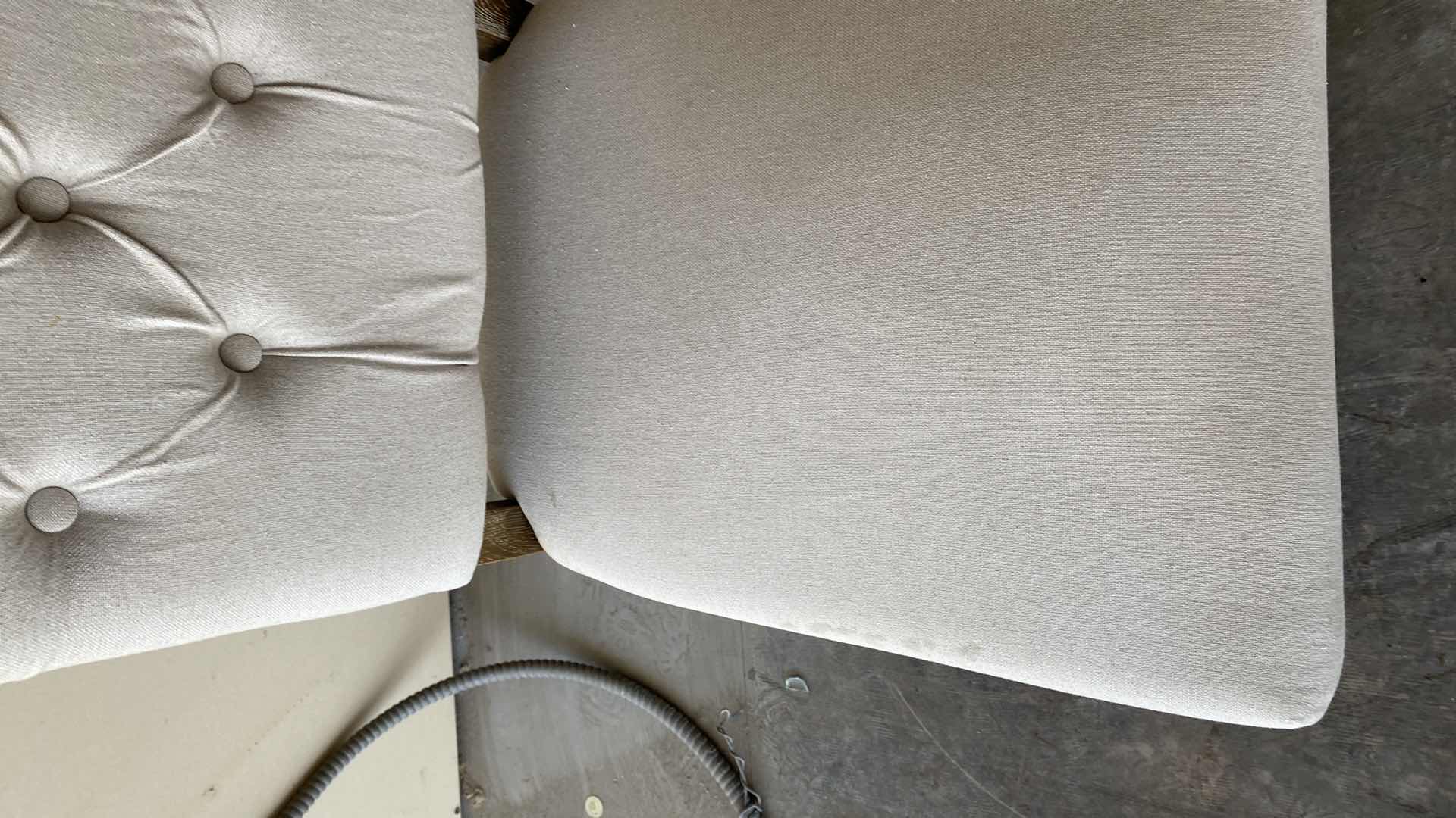 Photo 1 of PAIR OF LINEN FABRIC CHAIRS H 44 1/2” note- need cleaning