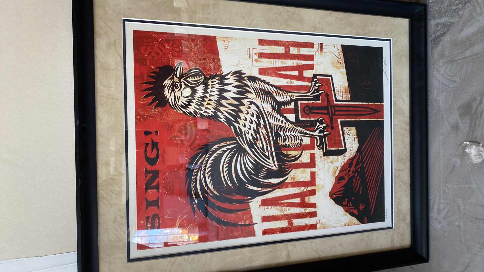 Photo 1 of FRAMED SHEPARD FAIREY “JESUS CHARIOT” SIGNED 324/450 ON SPECKLE TONE FINE ART PAPER  18” X 24” WITH FRAME 24 1/2“ x 31“