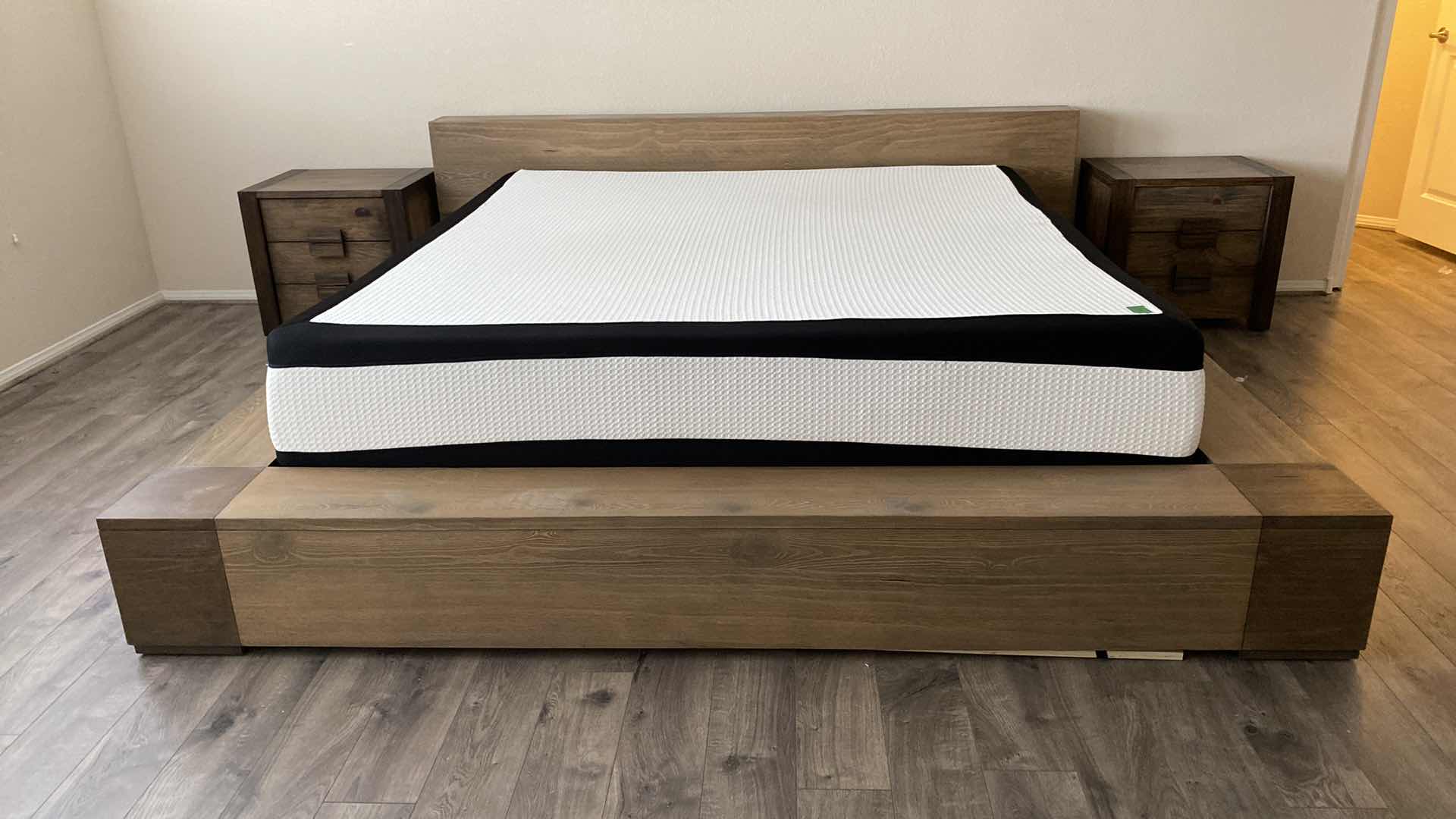 Photo 1 of MODERN WOOD LAMINATE BEDFRAME KING 95“ x 97“ H 30” WITH 2 NIGHT STANDS 24” x 22” H 22” - MATTRESS SOLD SEPARATELY