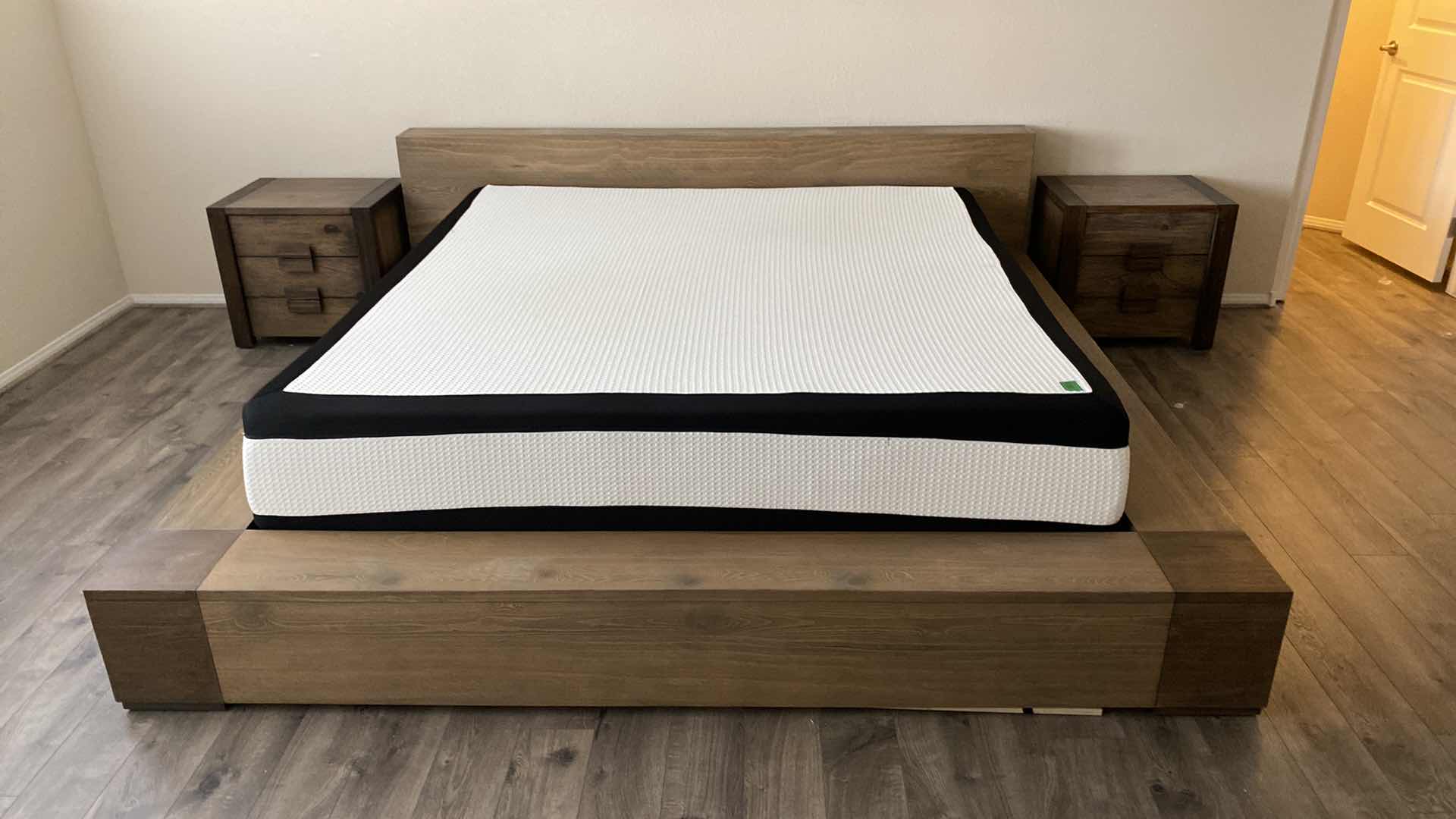 Photo 1 of MODERN WOOD LAMINATE BEDFRAME KING 95“ x 97“ H 30” WITH 2 NIGHT STANDS 24” x 22” H 22” - MATTRESS SOLD SEPARATELY