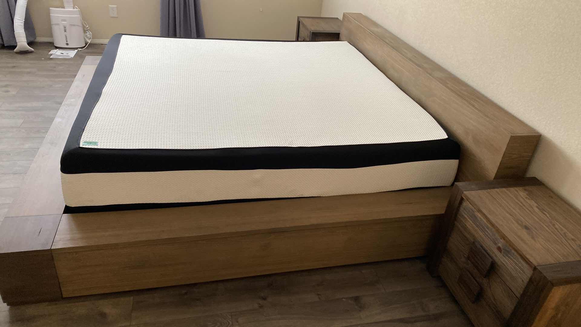 Photo 1 of MODERN WOOD LAMINATE BEDFRAME KING 95“ x 97“ H 30” WITH 2 NIGHT STANDS 24” x 22” H 22” - MATTRESS SOLD SEPARATELY