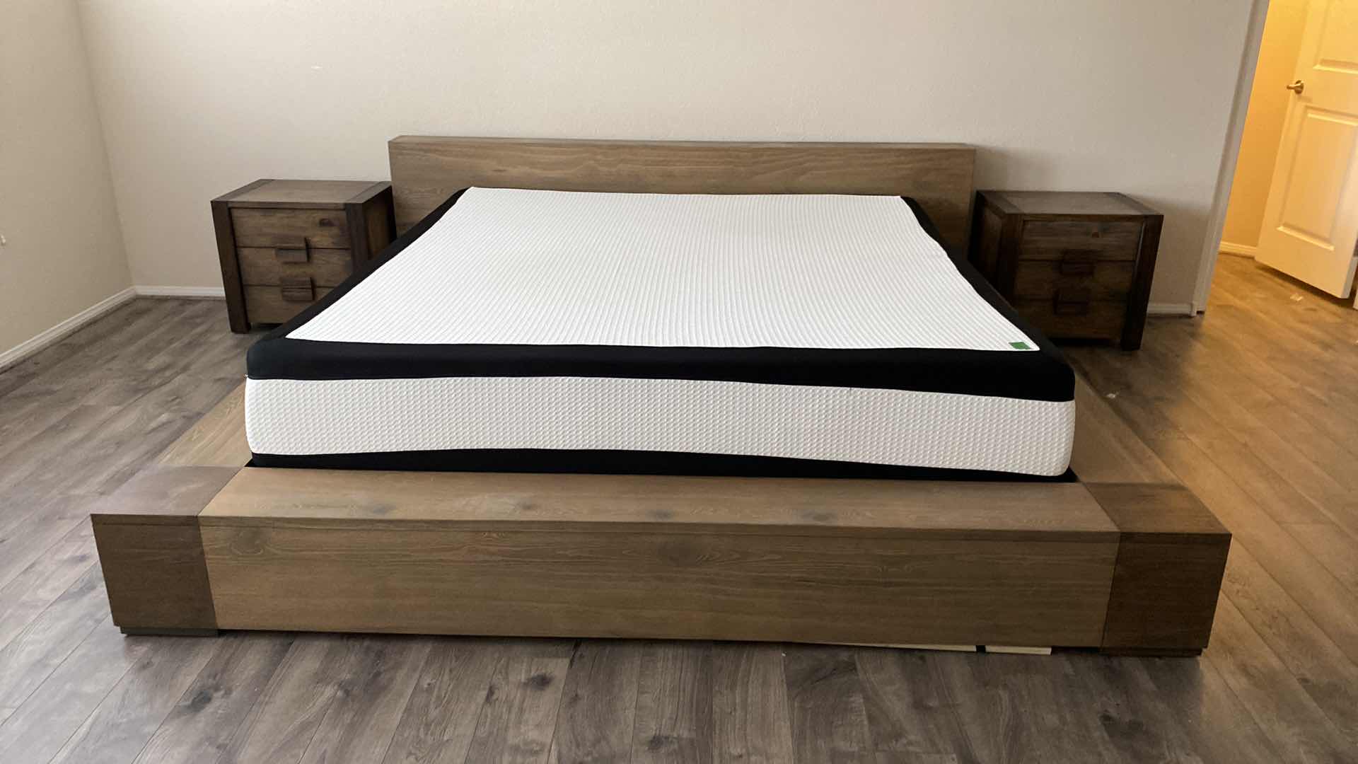 Photo 1 of MODERN WOOD LAMINATE BEDFRAME KING 95“ x 97“ H 30” WITH 2 NIGHT STANDS 24” x 22” H 22” - MATTRESS SOLD SEPARATELY