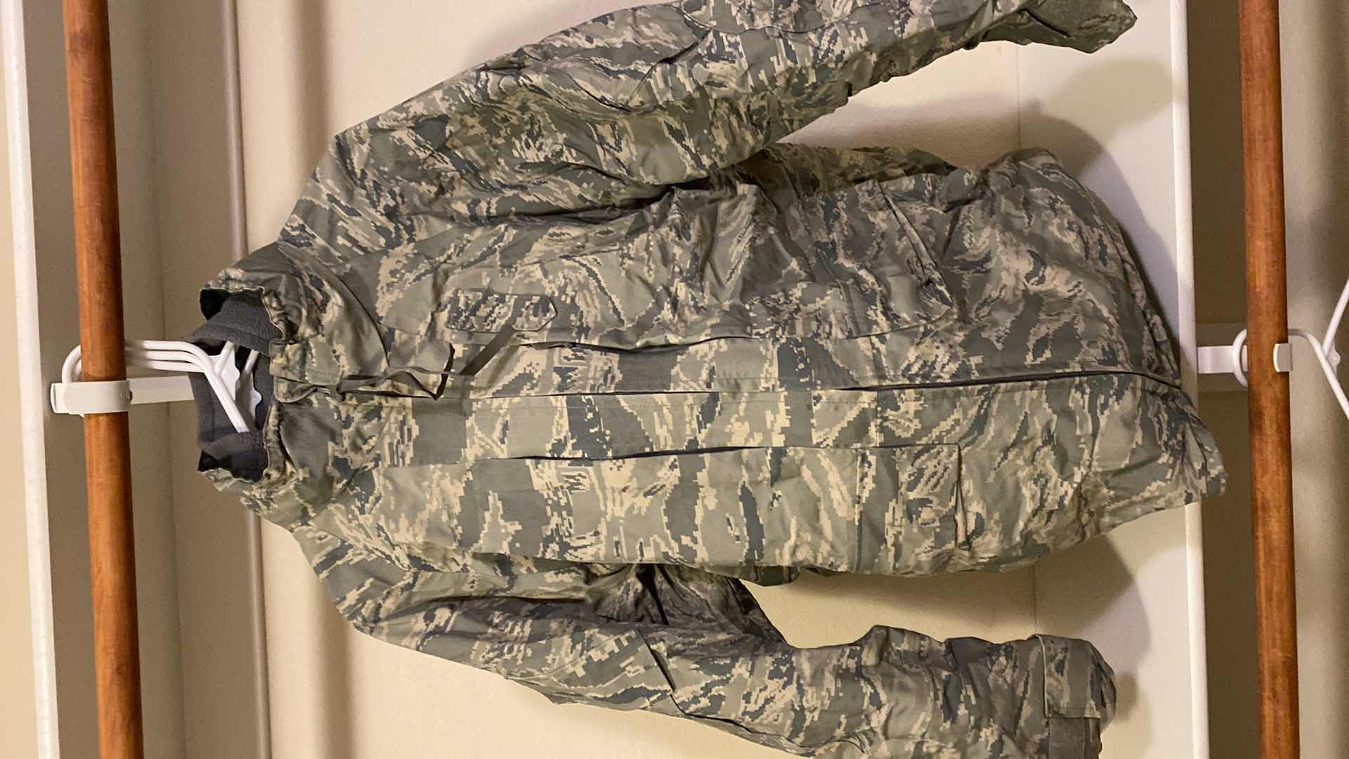 Photo 1 of MENS SIZE APPROX XL CAMO GORTEX JACKET WITH FLEECE LINER AND SIZE 38R CANVAS CARGO PANTS