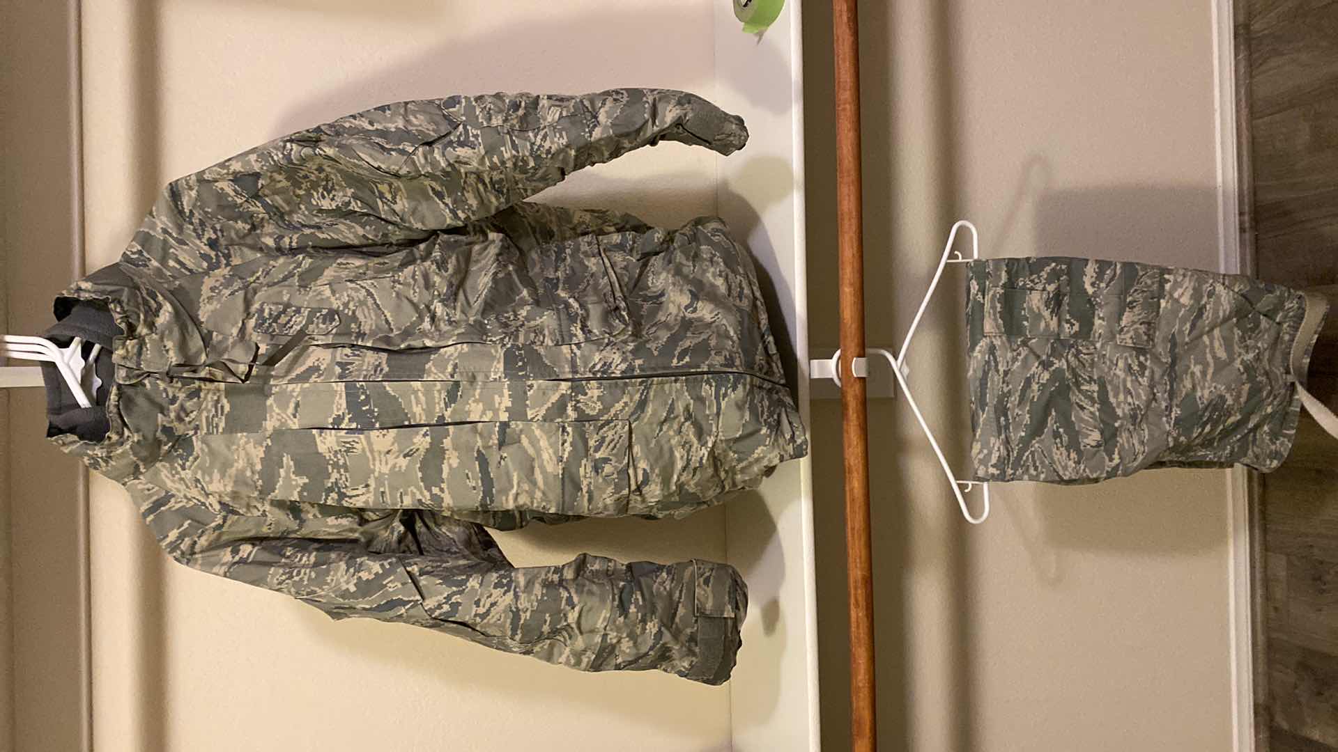 Photo 1 of MENS SIZE APPROX XL CAMO GORTEX JACKET WITH FLEECE LINER AND SIZE 38R CANVAS CARGO PANTS