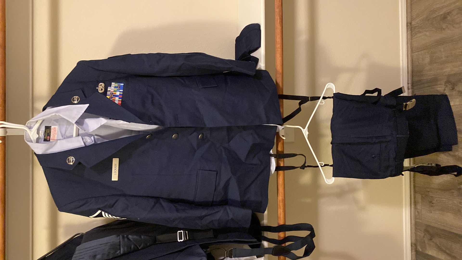 Photo 1 of COAT MANS AIR FORCE BLUE SIZE LARGE REGULAR, SHIRT 17 1/2 36 AND SLACKS 37 CL WITH HAT AND BELT